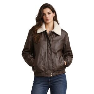 NWOT Le Lis Brown Faux Leather Bomber Jacket Sherpa Collar Medium